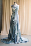 Elegant Blue One Shoulder Ruffles A-Line Long Party Dress Formal Evening Gown, HZ0319