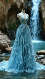 Blue Spaghetti Straps A-Line Long Party Dress Formal Evening Gown, HZ0319