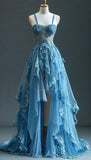 Blue Straps A-Line High Low Tulle Appliques Long Party Dress Formal Evening Gown, HZ0319