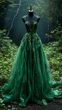 Green Straps A-Line V Neck Tulle Appliques Long Party Dress Formal Evening Gown, HZ0319