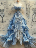 Blue Off Shoulder A-Line Tiered Beading Long Party Dress Formal Evening Gown, HZ0319