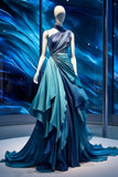 Blue One Shoulder A-Line Ombre Long Party Dress Formal Evening Gown, HZ0319