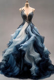 Navy Straps A-Line Ombre Long Party Dress Formal Evening Ball Gown, HZ0319