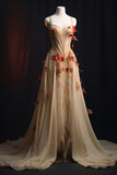Champagne Straps A-Line Appliques Long Party Dress Formal Evening Gown, HZ0319