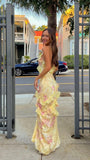 Yellow Straps Floral Printed Sheath Long Party Dress Wedding Guest Dress, HZ0319