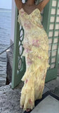 Yellow Straps Floral Printed Sheath Long Party Dress Wedding Guest Dress, HZ0319