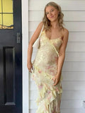 Yellow Straps Floral Printed Sheath Long Party Dress Wedding Guest Dress, HZ0319