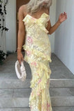 Yellow Straps Floral Printed Sheath Long Party Dress Wedding Guest Dress, HZ0319