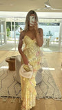 Yellow Straps Floral Printed Sheath Long Party Dress Wedding Guest Dress, HZ0319
