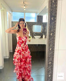 Red V Neck Straps Floral Printed Sheath Long Party Dress Wedding Guest Dress, HZ0319
