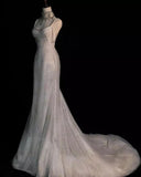 Stunning White Backless Mermaid Shiny Long Party Gown Wedding Dress, HZ0319