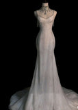 Stunning White Backless Mermaid Shiny Long Party Gown Wedding Dress, HZ0319