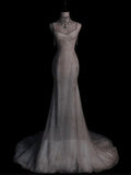 Stunning White Backless Mermaid Shiny Long Party Gown Wedding Dress, HZ0319