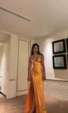 Orange V Neck Straps Sheath Satin Long Party Dress Wedding Guest Dress, HZ0319