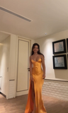Orange V Neck Straps Sheath Satin Long Party Dress Wedding Guest Dress, HZ0319