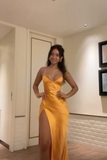 Orange V Neck Straps Sheath Satin Long Party Dress Wedding Guest Dress, HZ0319