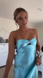 Blue Halter Neck Sheath Satin Long Party Dress Wedding Guest Dress, HZ0319