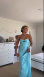 Blue Halter Neck Sheath Satin Long Party Dress Wedding Guest Dress, HZ0319