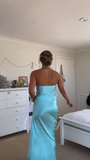 Blue Halter Neck Sheath Satin Long Party Dress Wedding Guest Dress, HZ0319
