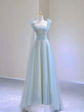Blue A-Line Sleeveless Tulle Long Party Dress Formal Evening Gown, HZ0319