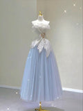Blue A-Line Strapless Tulle Long Party Dress Formal Evening Gown, HZ0319