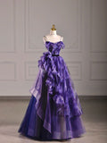 Purple Spaghetti Straps A-Line Tulle Ruffles Long Prom Dress Formal Evening Gown, HZ0319