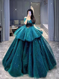 Green Off Shoulder A-Line Shiny Tulle Long Prom Dress Formal Ball Gown, HZ0319