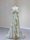 Fairy Green Halter Off Shoulder A-Line Elegant Long Party Dress Birthday Outfits, HZ0319