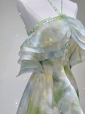 Fairy Green Halter Off Shoulder A-Line Elegant Long Party Dress Birthday Outfits, HZ0319
