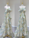 Fairy Green Halter Off Shoulder A-Line Elegant Long Party Dress Birthday Outfits, HZ0319