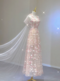 Pink Halter A-Line Tulle Appliques Elegant Long Party Dress Birthday Outfits, HZ0319