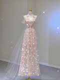 Pink Halter A-Line Tulle Appliques Elegant Long Party Dress Birthday Outfits, HZ0319
