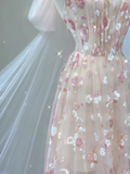 Pink Halter A-Line Tulle Appliques Elegant Long Party Dress Birthday Outfits, HZ0319