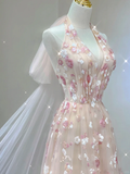 Pink Halter A-Line Tulle Appliques Elegant Long Party Dress Birthday Outfits, HZ0319
