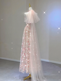 Pink Halter A-Line Tulle Appliques Elegant Long Party Dress Birthday Outfits, HZ0319