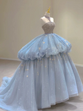 Blue Halter Strapless A-Line Sweet 16 Birthday Ball Gown Gorgeous Prom Dress, HZ0319