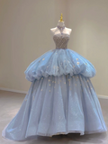 Blue Halter Strapless A-Line Sweet 16 Birthday Ball Gown Gorgeous Prom Dress, HZ0319