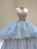 Blue Halter Strapless A-Line Sweet 16 Birthday Ball Gown Gorgeous Prom Dress, HZ0319