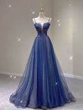 Navy Blue Spaghetti Straps A-Line Tulle Long Formal Prom Dress, HZ0319
