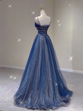 Navy Blue Spaghetti Straps A-Line Tulle Long Formal Prom Dress, HZ0319
