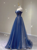 Navy Blue Spaghetti Straps A-Line Tulle Long Formal Prom Dress, HZ0319