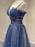 Navy Blue Spaghetti Straps A-Line Tulle Long Formal Prom Dress, HZ0319