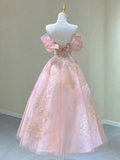 Pink Straps Off Shoulder A-Line Birthday Outfits Long Formal Prom Dress, HZ0319