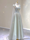 Light Blue A-Line Tulle Princess Birthday Outfits Long Formal Prom Dress, HZ0319