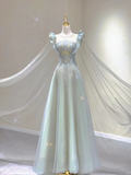 Light Blue A-Line Tulle Princess Birthday Outfits Long Formal Prom Dress, HZ0319