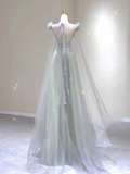Light Blue A-Line Tulle Princess Birthday Outfits Long Formal Prom Dress, HZ0319