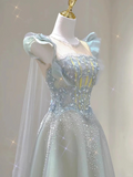 Light Blue A-Line Tulle Princess Birthday Outfits Long Formal Prom Dress, HZ0319