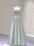 Light Blue A-Line Tulle Princess Birthday Outfits Long Formal Prom Dress, HZ0319