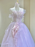 Lilac Strapless A-Line Tulle Beading Birthday Dress Formal Long Prom Gown, HZ0319