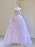 Lilac Strapless A-Line Tulle Beading Birthday Dress Formal Long Prom Gown, HZ0319